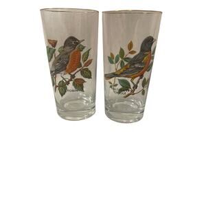 West Virginia Glass Clear Glass Gold Rim Song Birds (2)Baltimore Oriole & Robin